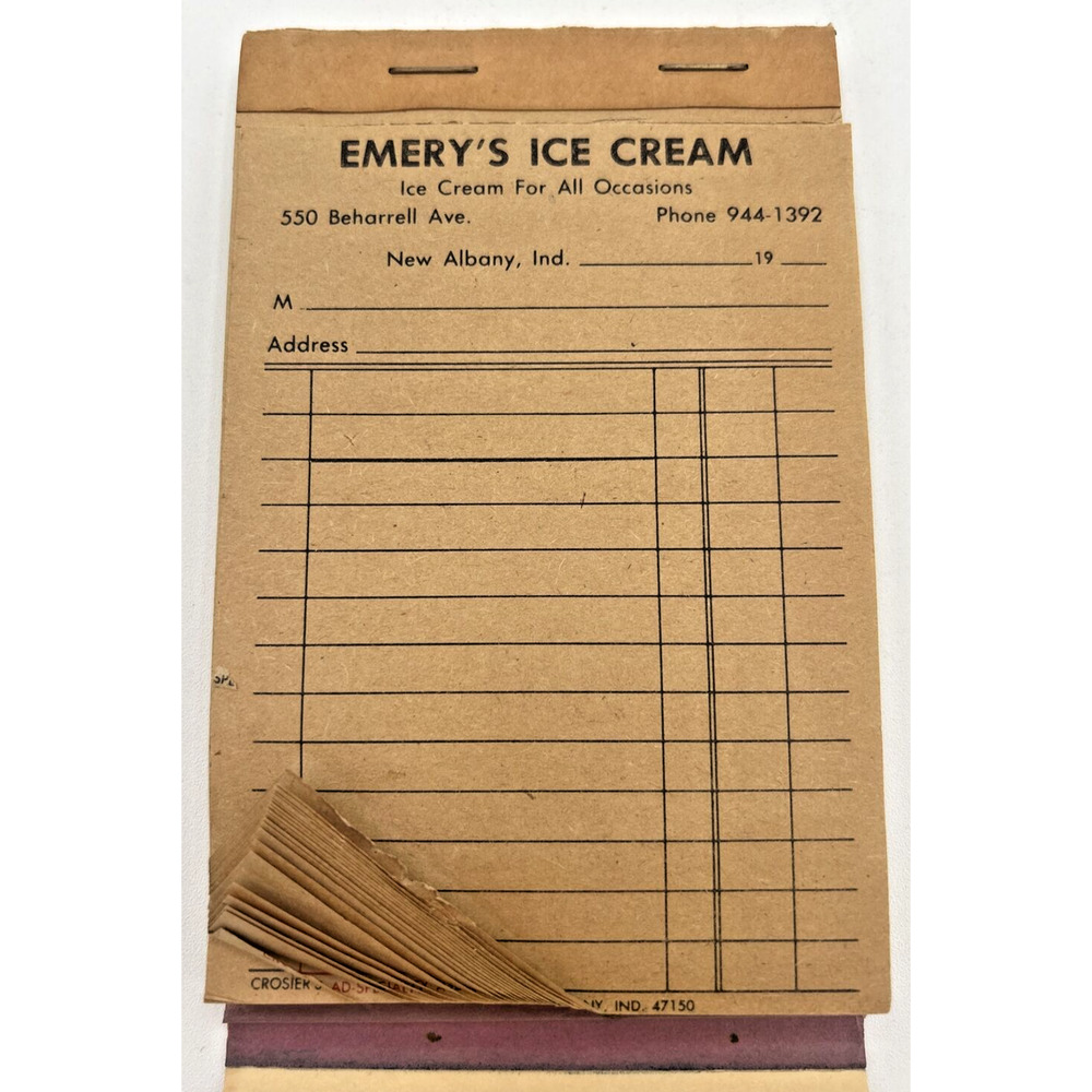 VTG Emery's Ice Cream Salesman Sales Receipt Book New Albany Ind NOS PB2/1